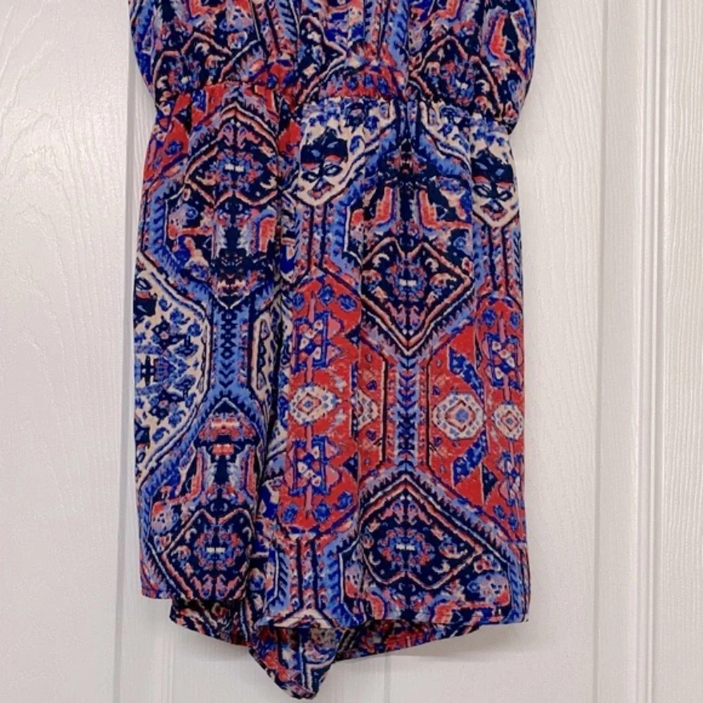 Everly Southwest Print Lace Up Front Navy Blue Romper Shorts Sz S